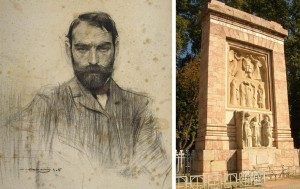 Retrat que li va fer  Ramon Cases. A la dreta,  monument de l'escultor als morts de la Gran Guerra que hi ha a Perpinyà.