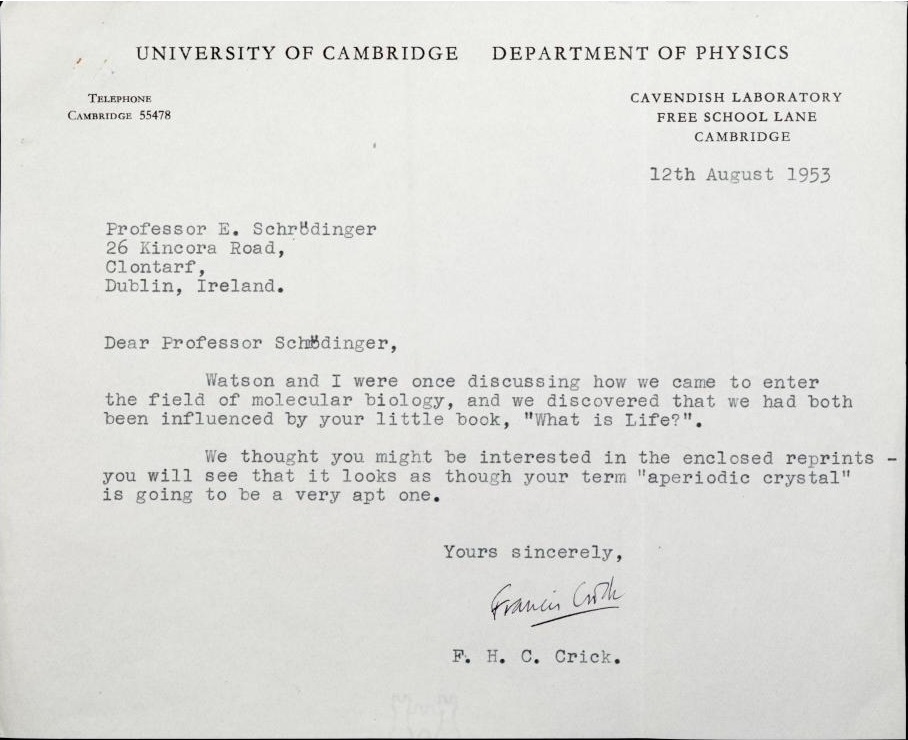Carta de Francis Crick a Erwin Schrödinger